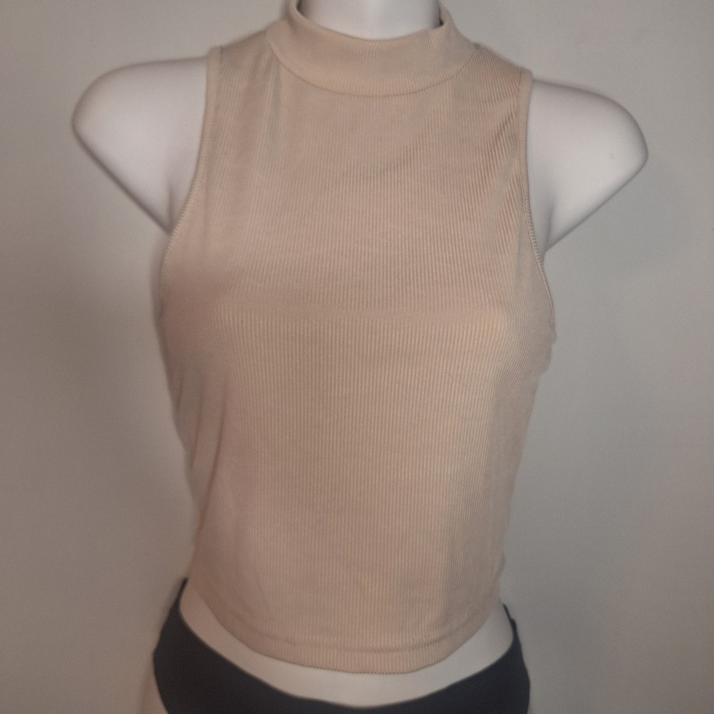 SHEIN Cream Tan Ribbed Mock Neck Sleeveless Crop Top Size Medium